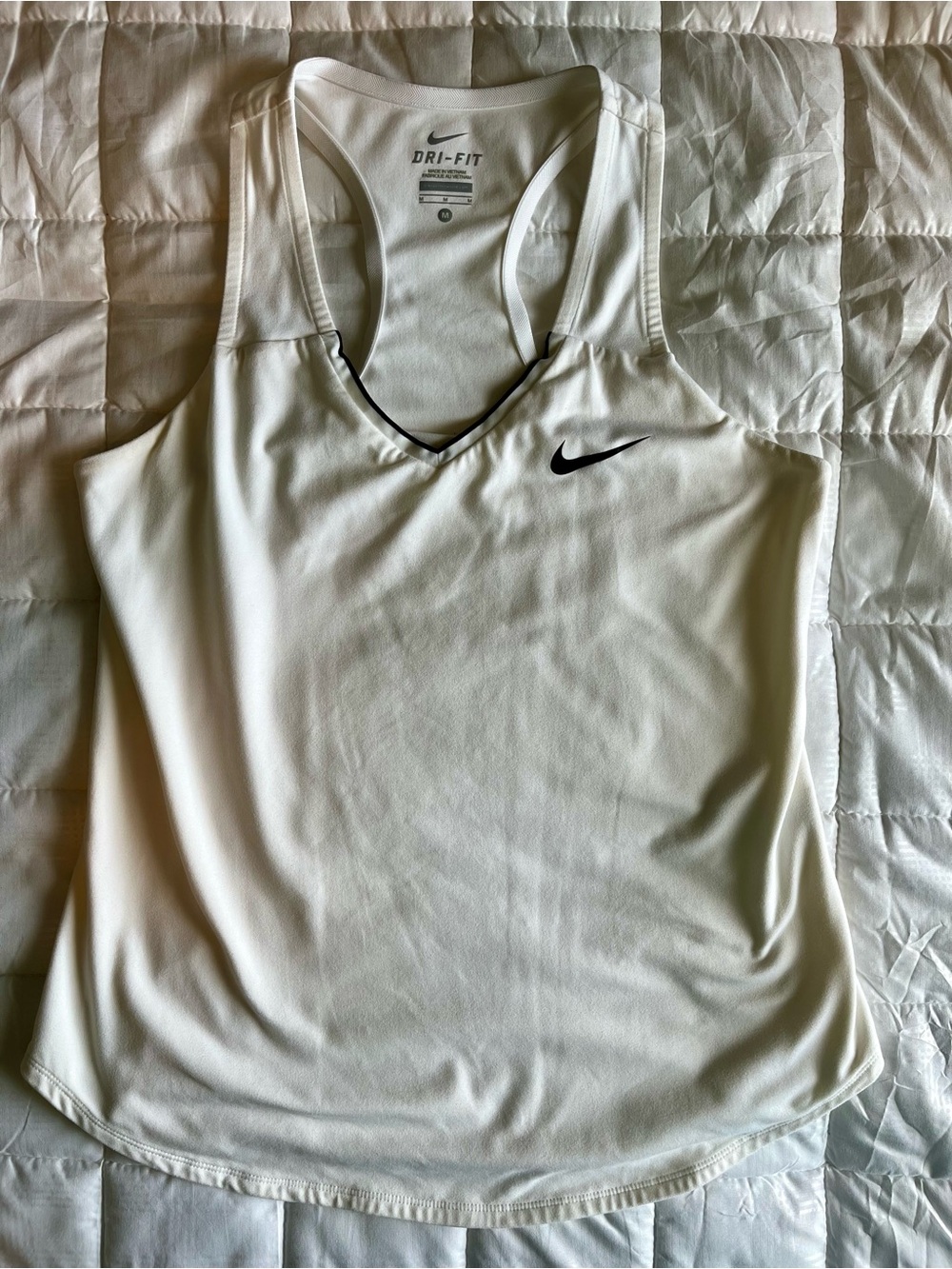 Nike White Dri-FIT V-Neck Racerback Tank with Black Swoosh